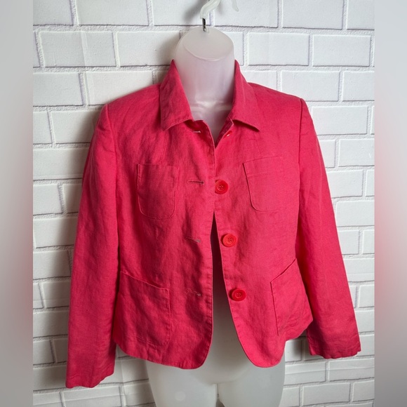 TALBOTS Coral Red Cropped linen Blazer with Classic Lapel/size 2P - Picture 3 of 12